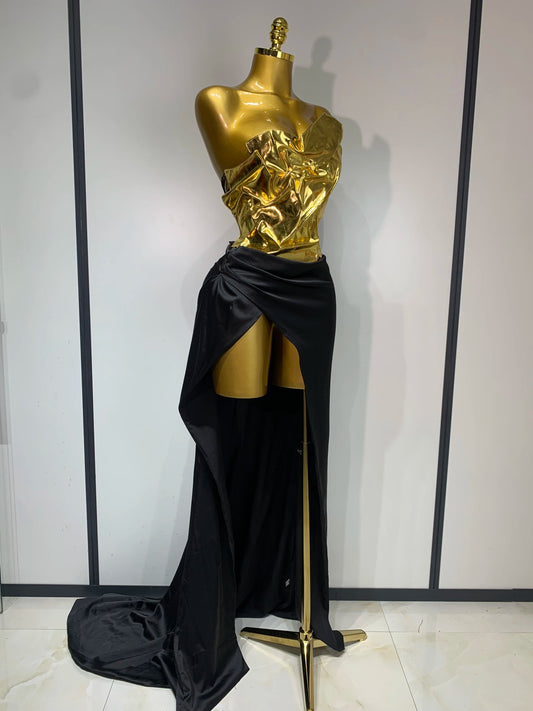 Women's New Arrival Gold Color Sexy 2-Piece Dress Set | Laced-Up Chest-Wrapping Top & Long Skirt | Celebrity Elegant Evening Party Gown | Premium Non-Woven Slim Fit Floor-Length Sheath Vestido Luxegan
