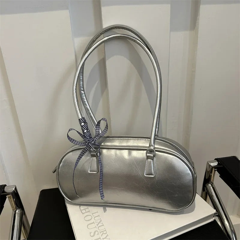 Large Capacity Silver Boston Bag | Soft PU Leather Commuter Handbag Luxegan