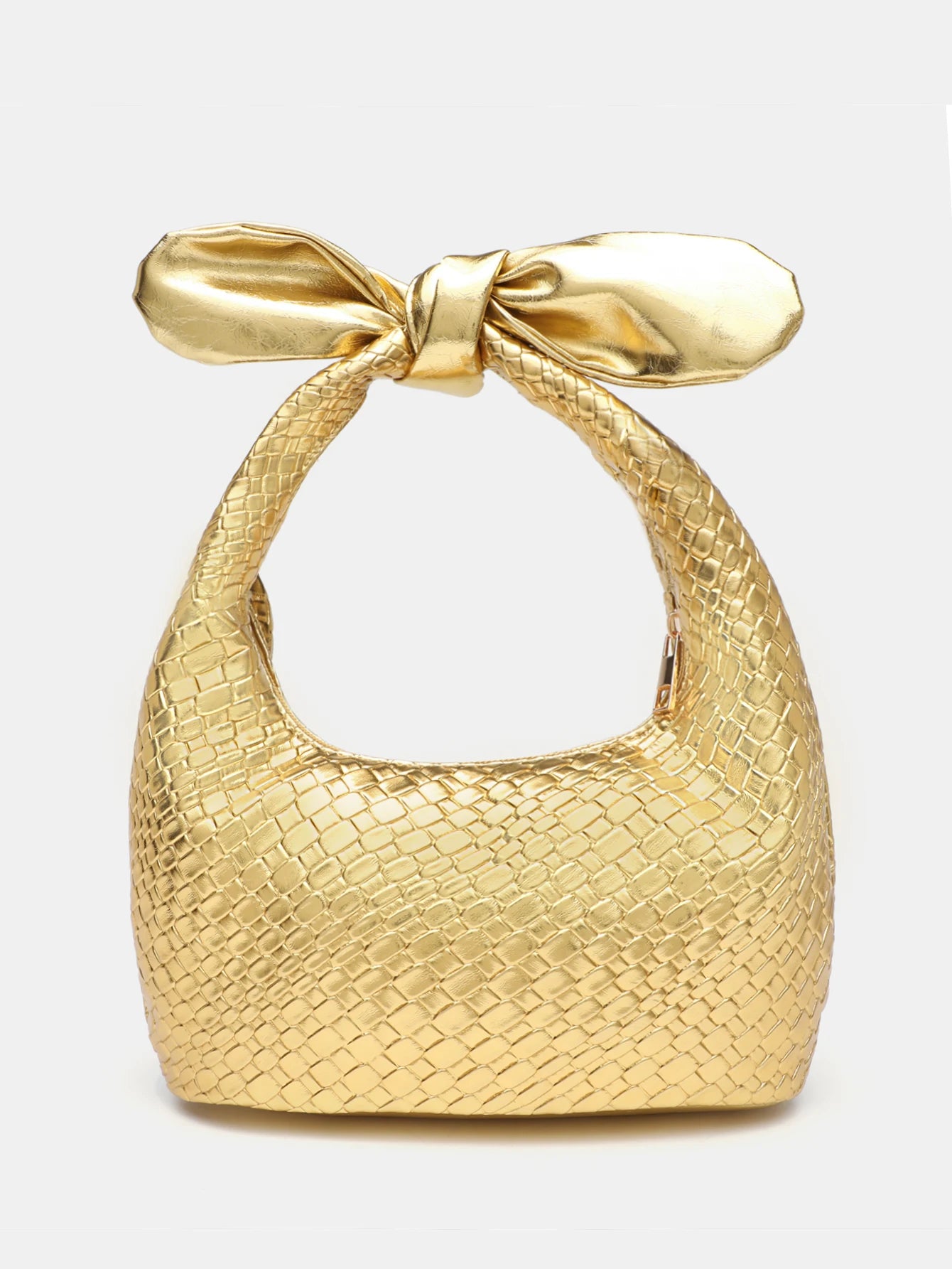 Light Luxury Woven PU Hand-Held Half Moon Bag | Solid Color Bow Handbag Luxegan