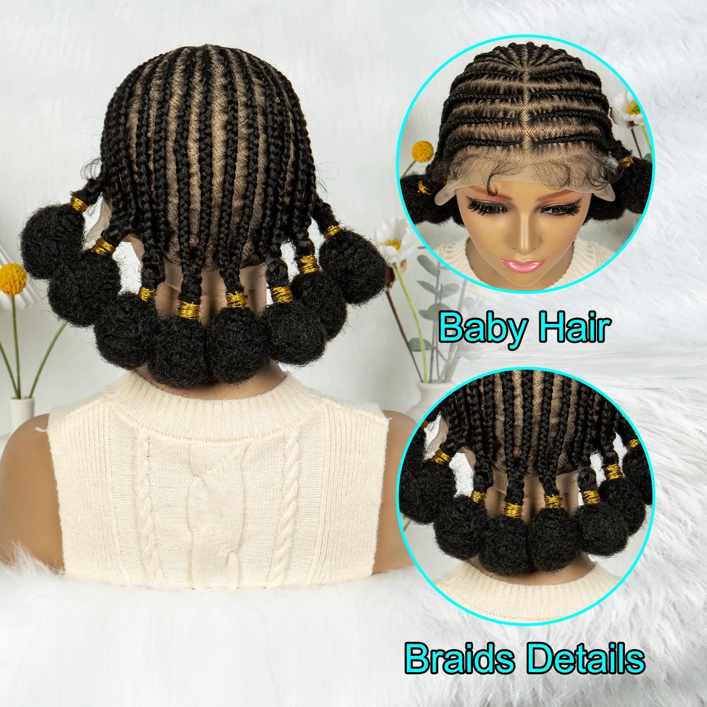Handmade Bantu Braided Wig | Short Bob | Full Lace | Baby Hair | Synthetic Hair | Women
