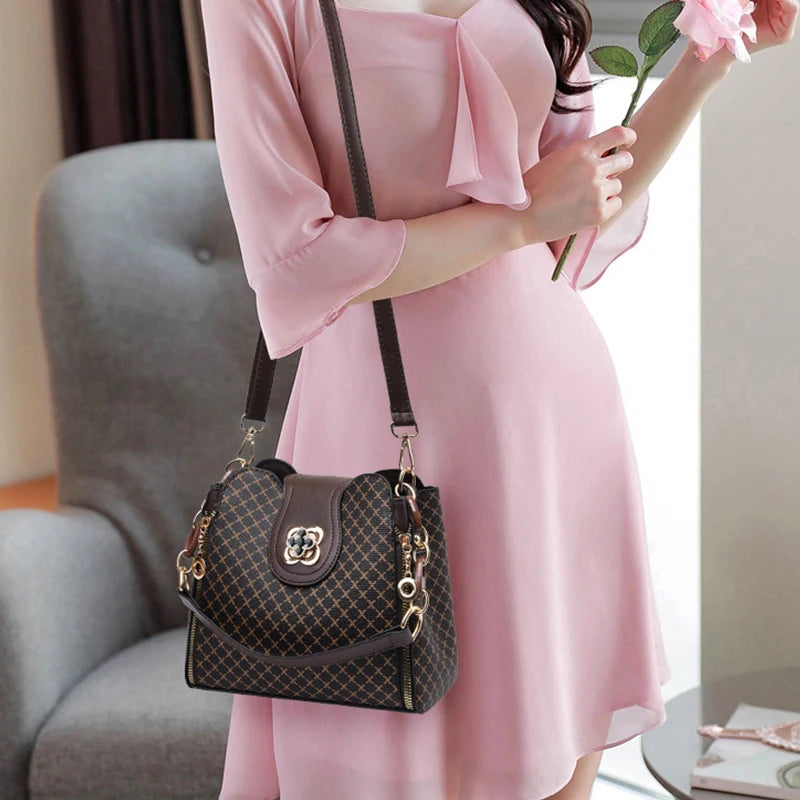 PU Leather Bucket Bag | Luxury Check Print Large Capacity Crossbody Handbag Luxegan