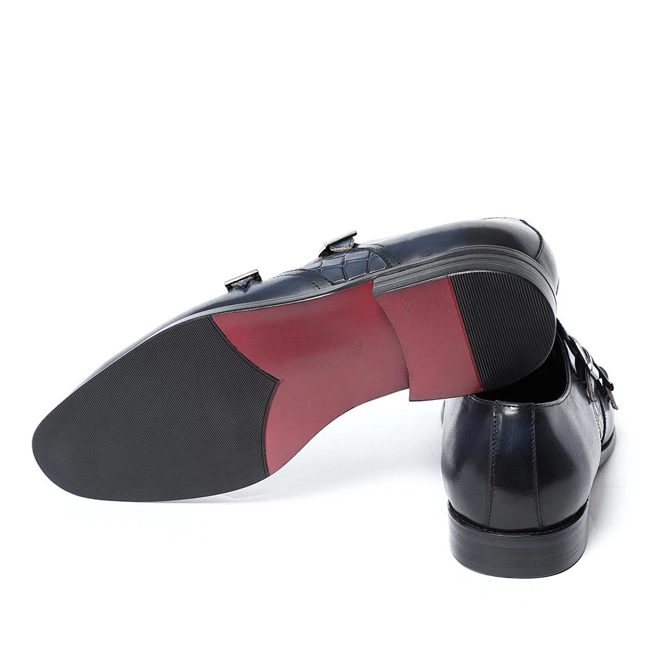 Elegant Men's Genuine Leather Monk Strap Shoes | Stone Pattern Print Double Buckle & Cap Toe (Business, Party, Social) Luxegan