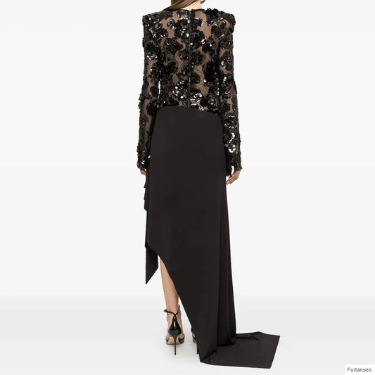 Sequined Asymmetrical Evening Gown | O-Neck Full Sleeve Floor-Length Prom Dress - view 2