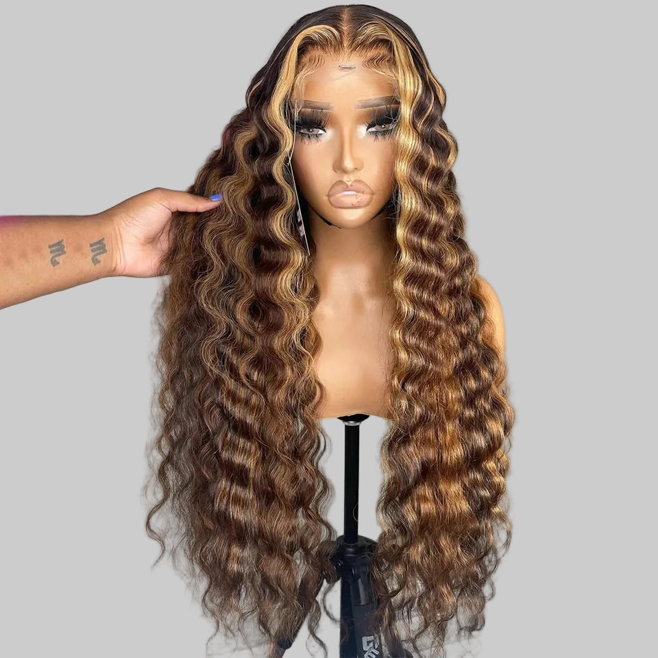 Blonde Brown Deep Wave Wig | Sophisticated 13x6 HD Transparent Lace Frontal | Elegant "Full Cuticle" Brazilian Human Hair | "Dignified" 34–36 Inch 200% Density Remy Wig for Radiant Versatile Styling Luxegan