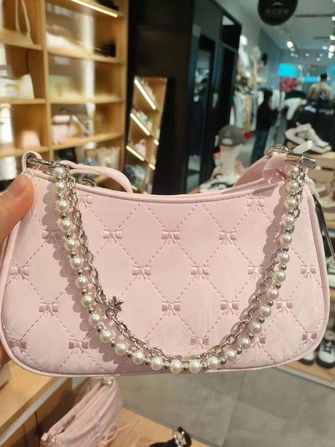 Women's Shoulder Bag | Elegant Cute Bow Pearl Chains & Embroidery Handbag (Casual Leather Korean Fashion Female Handbag) Luxegan