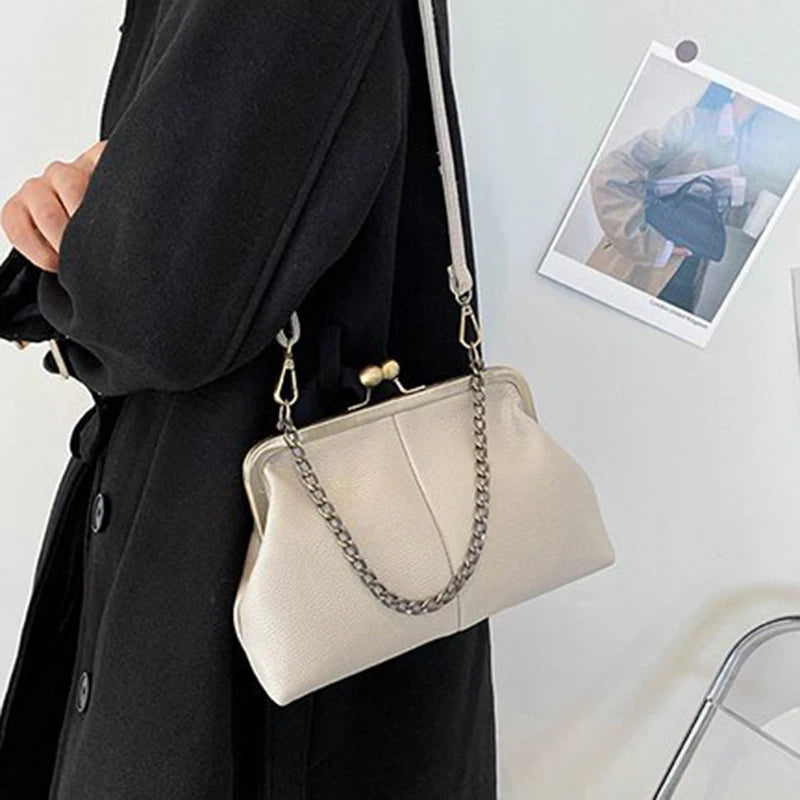 Vintage PU Shell Bag | Lychee Pattern Clip Chain Shoulder & Crossbody Luxegan