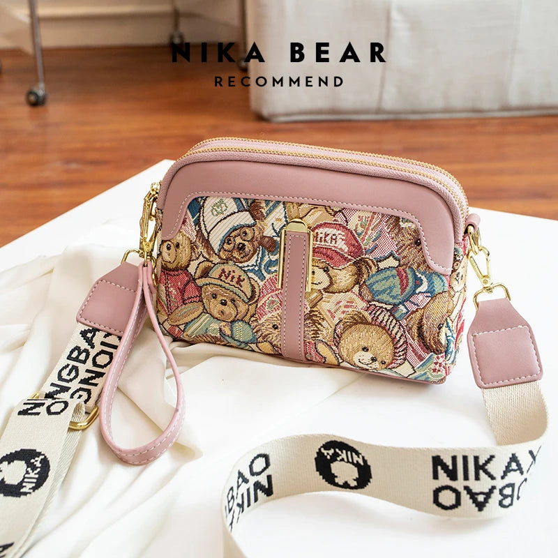 Fashion Luxury Brand Cartoon Bear Clutch | Cute Embroidered Designer Crossbody Bag | Soft PU Leather Casual Shoulder Handbag (Knucklebox Shape) Luxegan