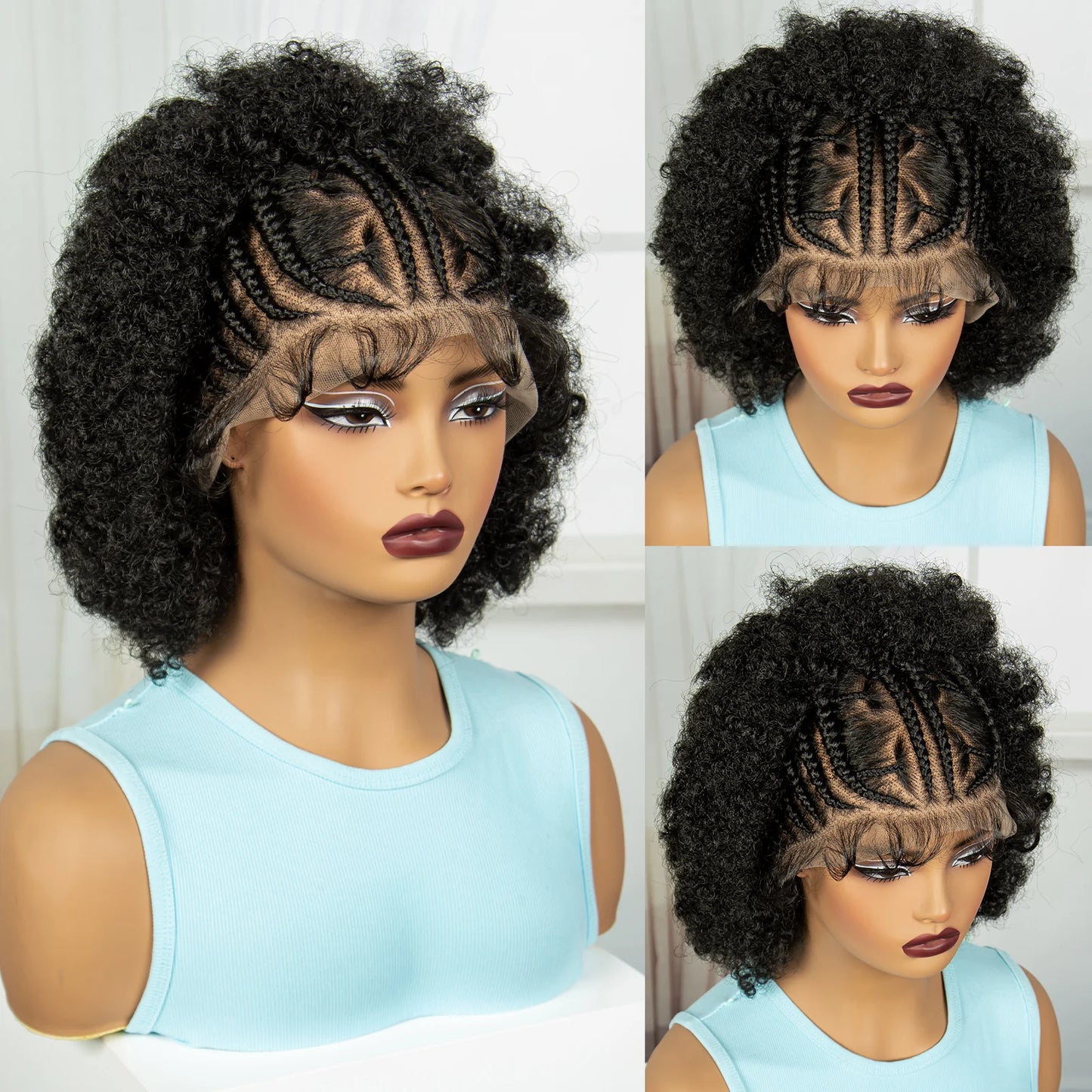 Short Natural Afro Kinky Curly Cornrow Braids Wig | Full Lace | Baby Hair Luxegan