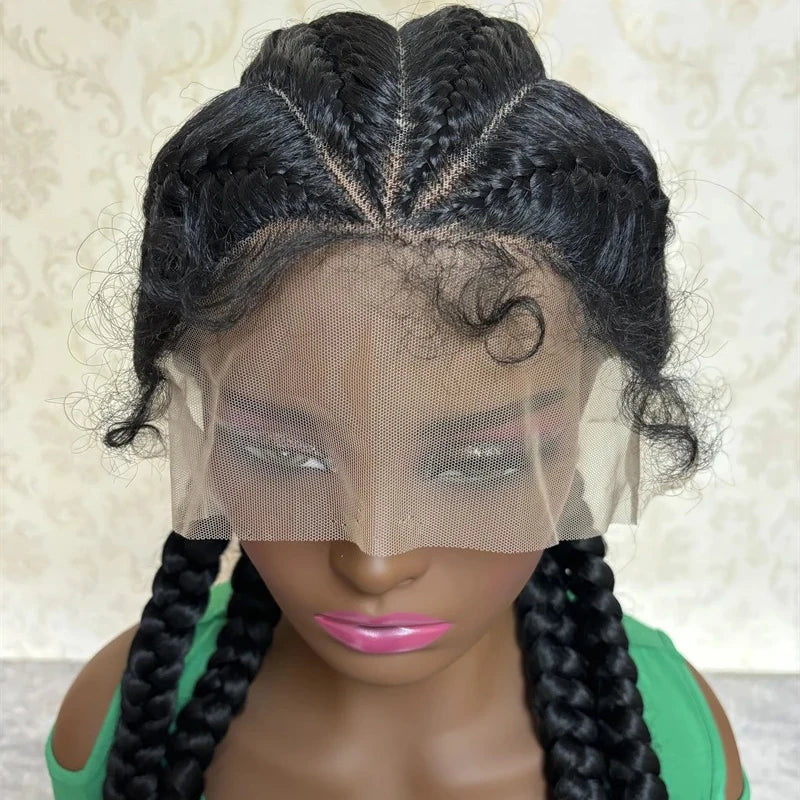 Long Black Dutch Braids Wig | Lace Front | Human Hair Blend | Cornrow Accents | Daily Wig Luxegan