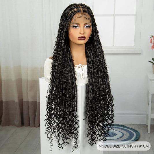 36" Long Boho Knotless Braids Wig | Curly Ends | Full Lace | Baby Hair Luxegan