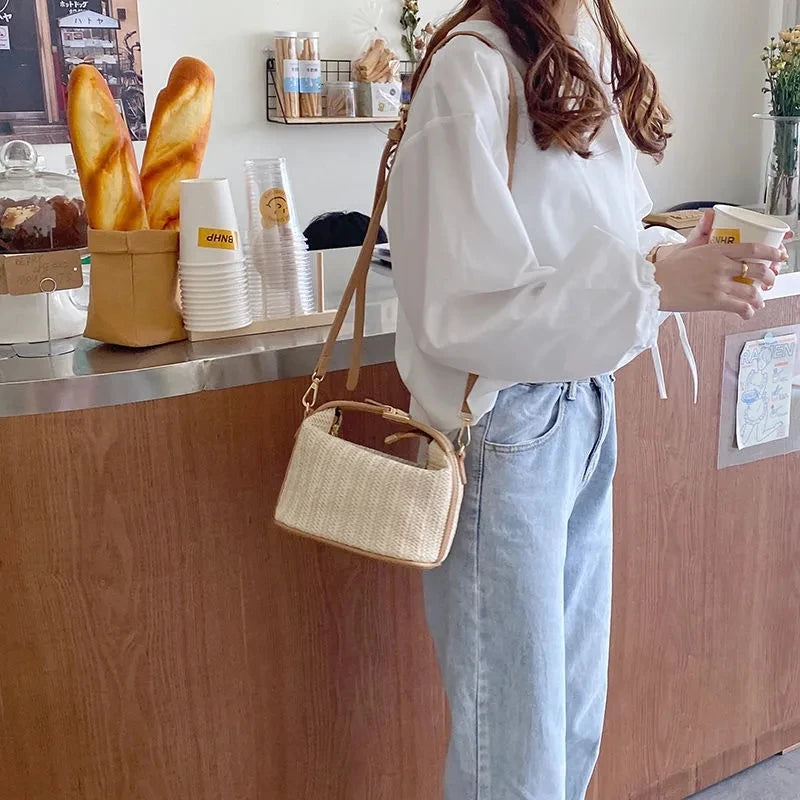 Bohemian Small Knitting Straw Bucket Bag | Casual Summer Crossbody Luxegan