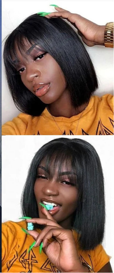 Short Straight Bob Human Hair Wig with Bangs | Full Machine Made Remy Hair | Natural Color Luxegan