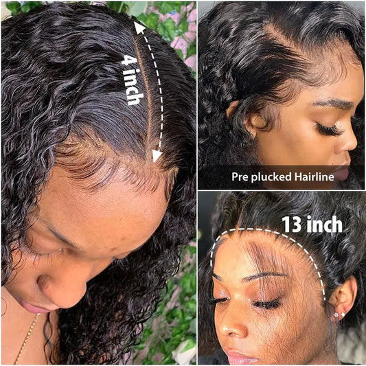 Water Wave Short Bob Lace Wig | 13x4 Transparent Lace Front & 4x4 Lace Closure Options | 150% & 180% Density Pre-Plucked Brazilian Remy Human Hair Kinky Curly Bob Wig for Women (4-16 Inch) Luxegan