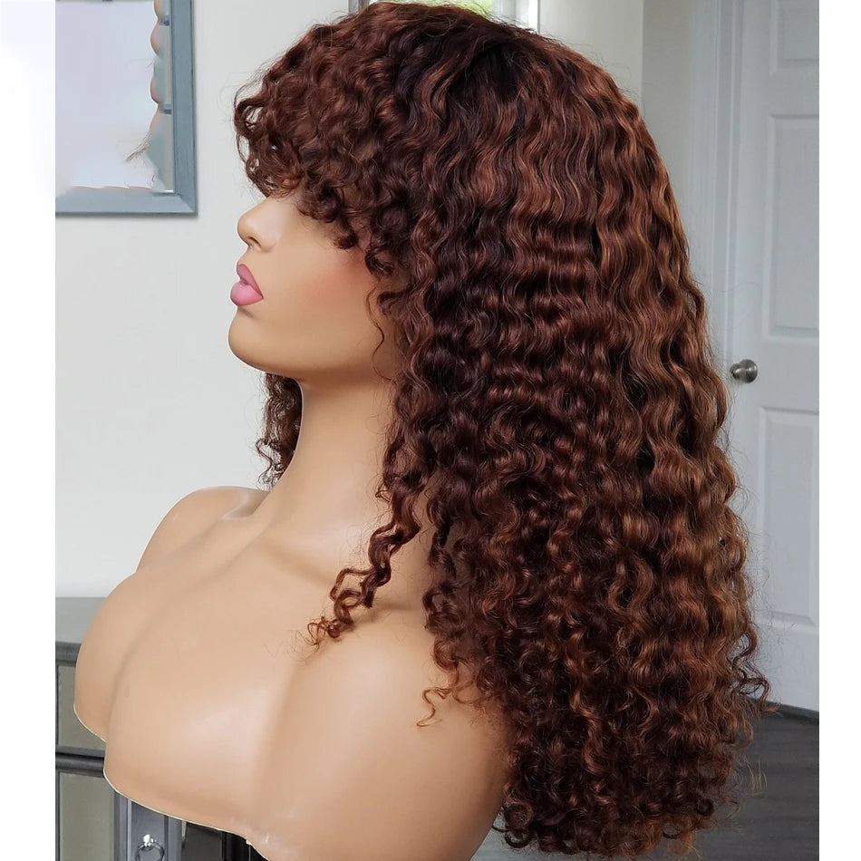 26-Inch Natural Brown Kinky Curly Wig | Sophisticated "Snug Fit" Machine-Made Silhouette | Elegant "High-Temperature Fiber" with Bangs | "Dignified" Glueless Cosplay & Daily Hair for Radiant Versatile Styling Luxegan