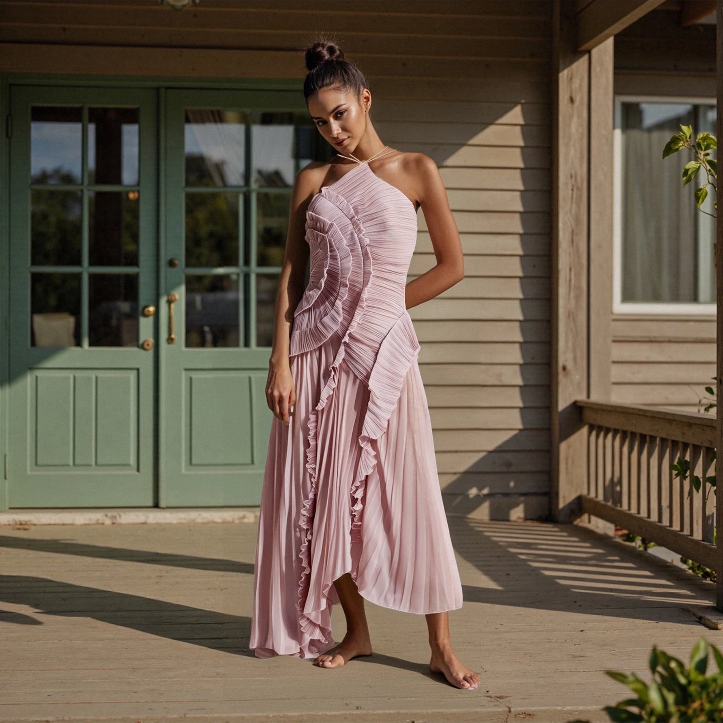 New Fashion Women's Ruffle Halter Maxi Dress | Summer Sleeveless Flowy Long Dress | Elegant Solid Color Loose A-Line Vestido | Trendy Y2K High-Waist Empire Regular Fit Ankle-Length Gown Luxegan