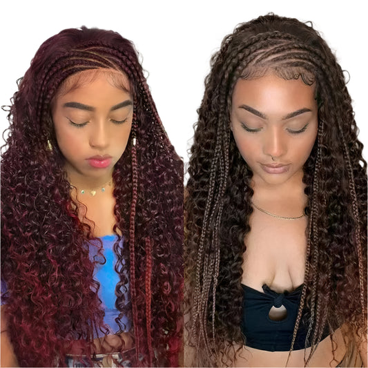 Burgundy Cornrow Stitch Curly Braids Wig | 13x4 Lace Front | Baby Hair | KIMA Luxegan