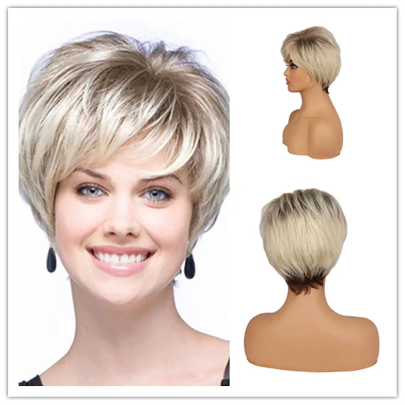 Short Brown Bob Wig with Bangs | Mixed Blonde Synthetic Natural Hair Wig for Women (Soft Mommy Hair, Daily Use) Luxegan