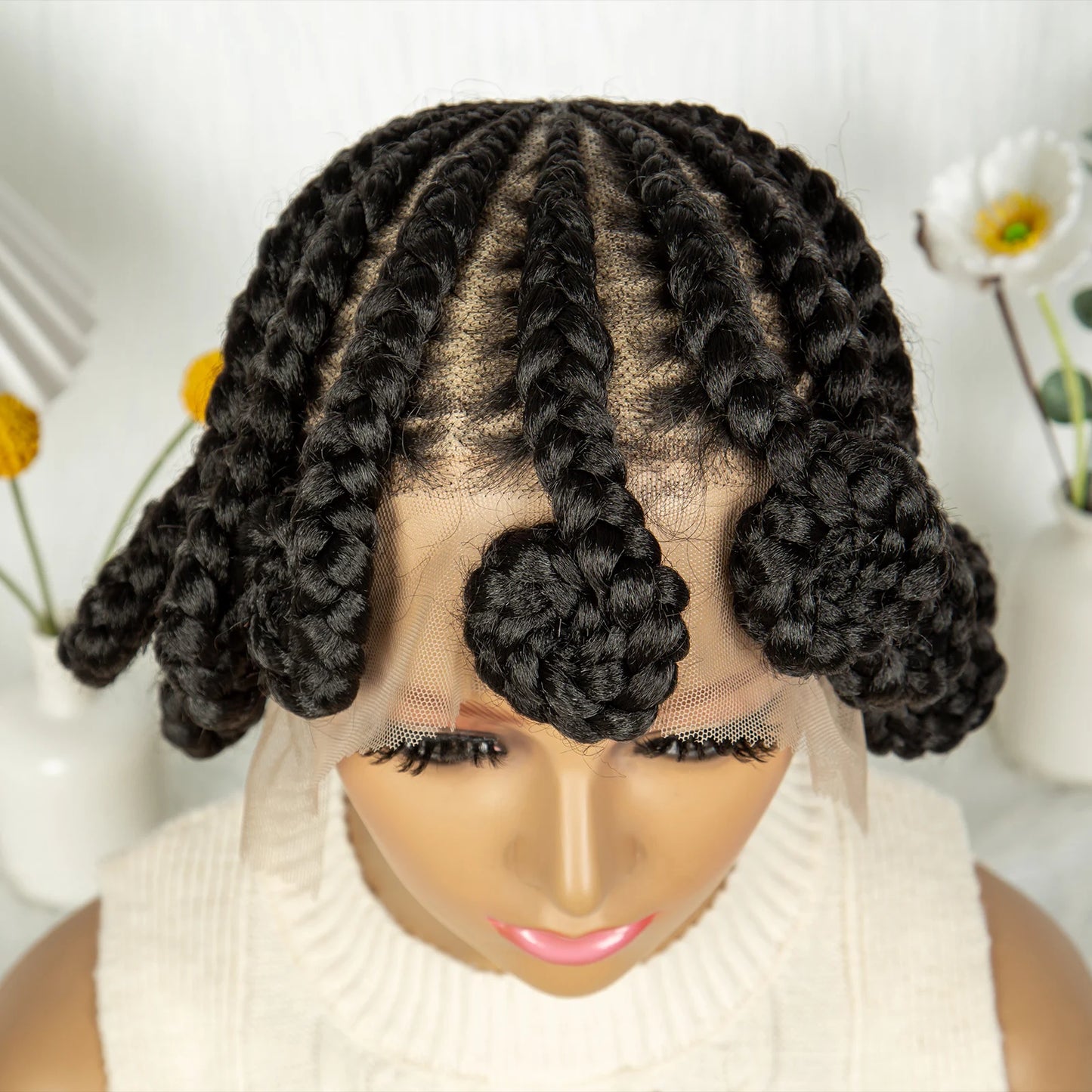 Short Bantu Knot Braided Wig | Full Lace | Synthetic Hair | Baby Hairs | Transparent Lace | Cute Braids Wig for Women