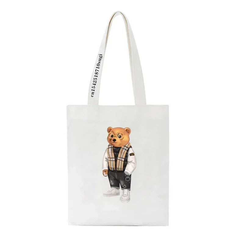 Fashion Bear Print Eco Women Shoulder Bags | Female Handbag Canvas Shopping Bag | Casual Large Ladies Travel Totes Bags Luxegan