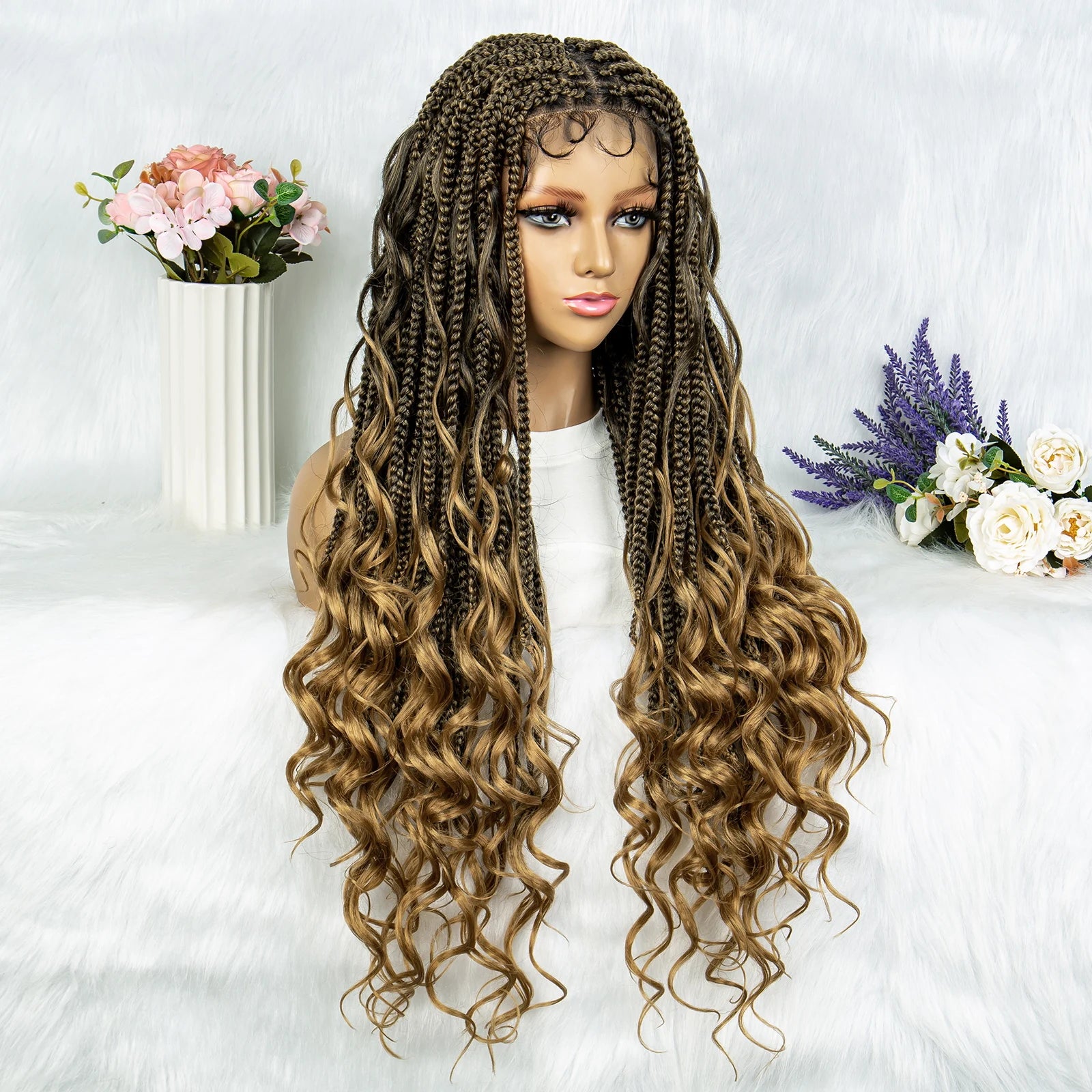 34" Full Lace Knotless Braided Wig with Baby Hair | Synthetic Lace Front Wig for Black Women | Long Braids Luxegan