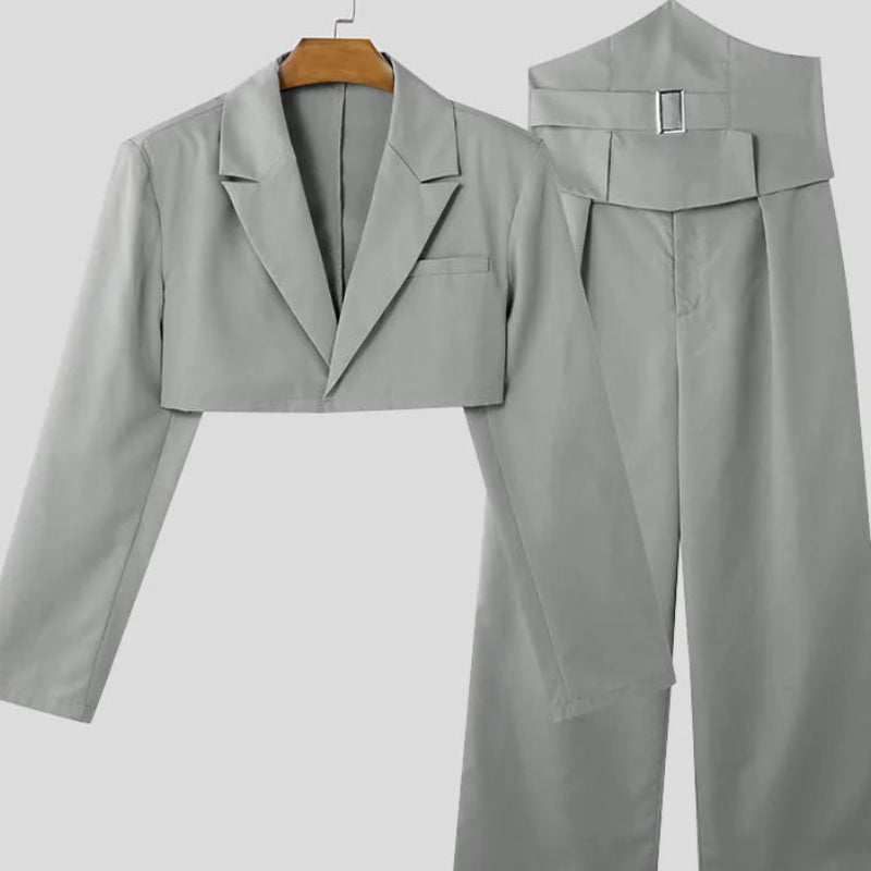 Cropped Waistband Design Suit Set | Sophisticated Wide-Leg Long Pant Silhouette | Elegant "Full Opening" 2-Piece Ensemble | "Dignified" Vintage Solid Suit for Radiant Versatile Styling Luxegan