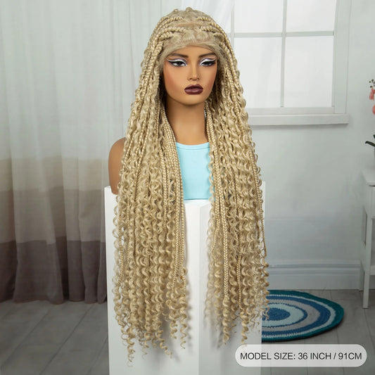 36 Inch Boho Knotless Box Braids Full Lace Wig | Transparent Lace Synthetic Braided Wig with Curly Ends Luxegan