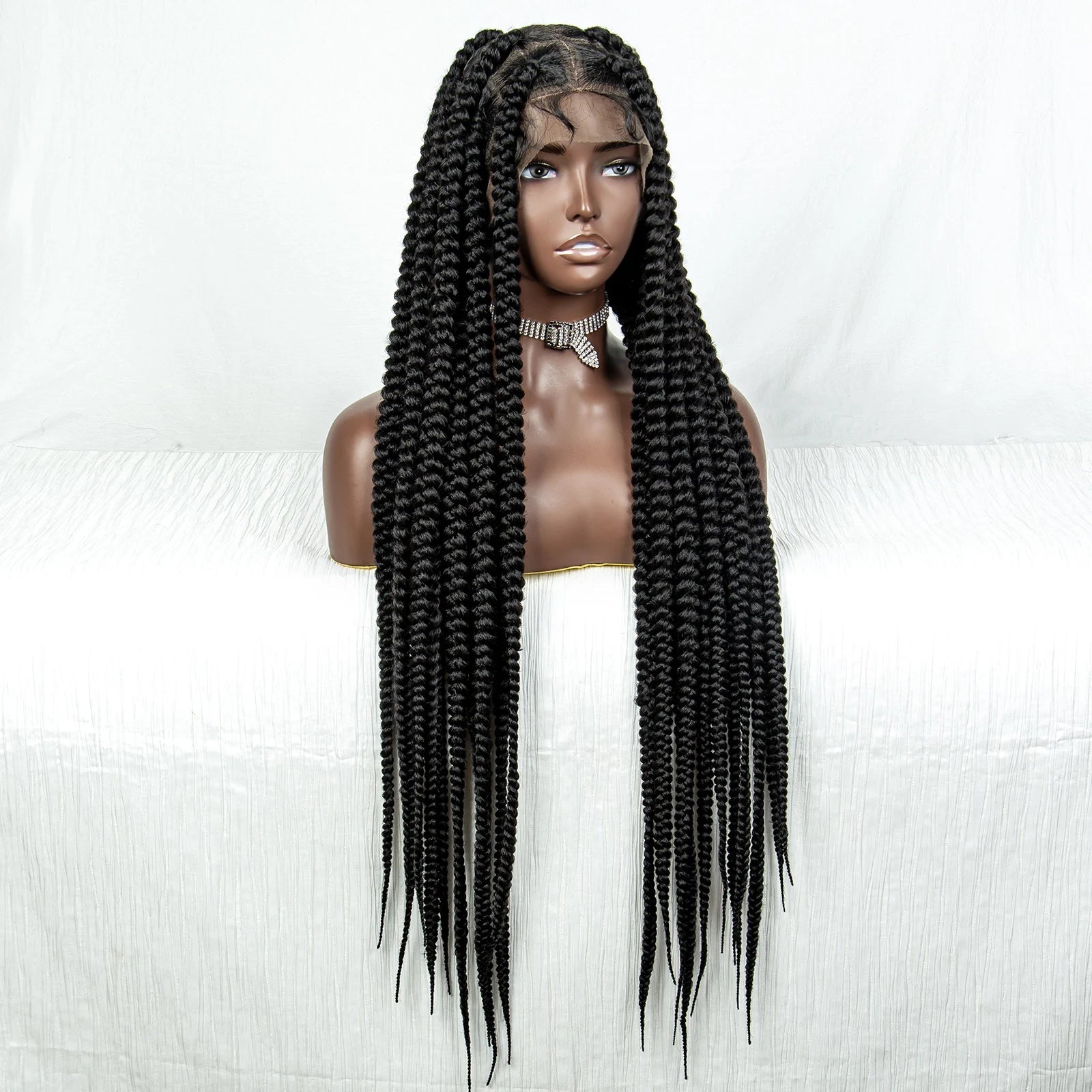 34" Jumbo Box Braids Wig | Full Lace | Cornrow Accents | Natural Color | Kanekalon Luxegan