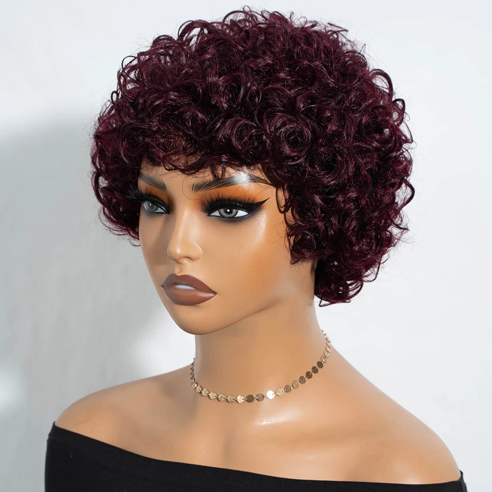 Sleek Short Pixie Afro Kinky Curly Human Hair Wig | Glueless Natural Brown Bob with Bangs Luxegan