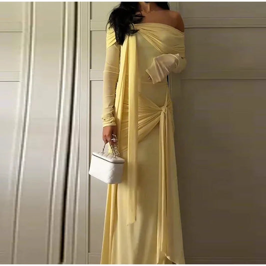Off-the-Shoulder Long Sleeve Lace-Up Draped A-Line Floor-Length Maxi Dress | Elegant Chic Party Dress