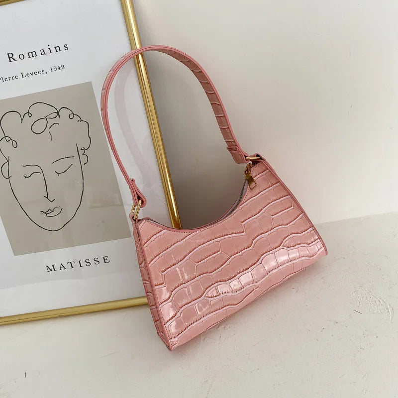 Retro Fashion Women’s Baguette | Sophisticated Crocodile-Pattern Shoulder Bag | Elegant Solid-Color Leather Chain Handbag | "Dignified" Soft TPU Tote for Versatile Daily Styling Luxegan
