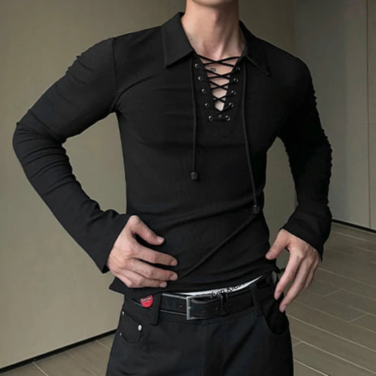 Mesh Drawstring Texture T-Shirt | Sophisticated Turn-Down Collar Silhouette | Elegant "Full-Length" Breathable Camiseta | "Dignified" Solid Knit Top for Radiant Versatile Styling Luxegan