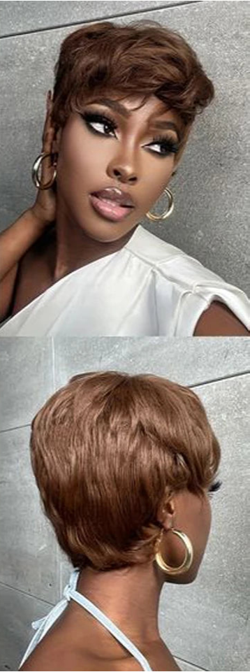 #4 Brown Pixie Short Cut Wig with Bangs | Straight Human Hair Full Machine Made Luxegan