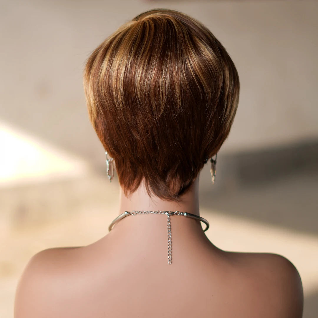 6 Inch Pixie Cut Human Hair Wig with Bangs | P4/27 Natural Highlight | Short Straight Remy Hair Luxegan