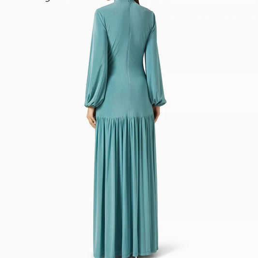 Draped A-Line Prom Dress | High-Neck Full Sleeve Floor-Length Evening Gown Luxegan