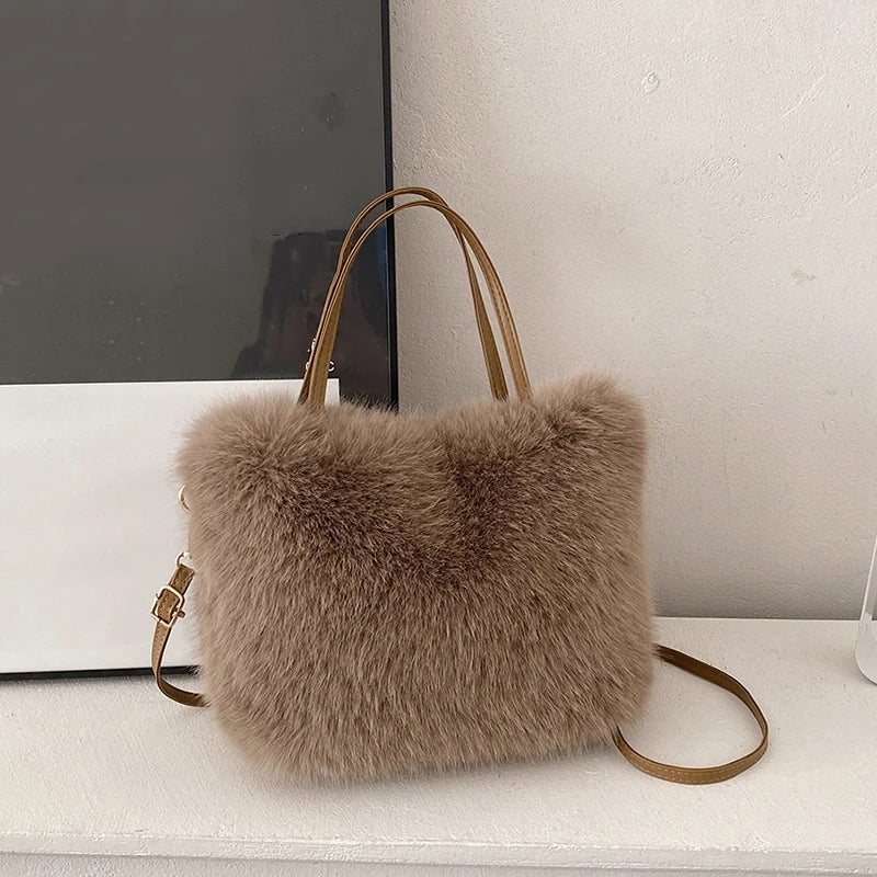 Faux Fur Tote Bag Women's | Bucket Plush Luxury Design Ladies Handbags & Soft Winter Crossbody Shoulder Bags (Bolsa Feminina) Luxegan