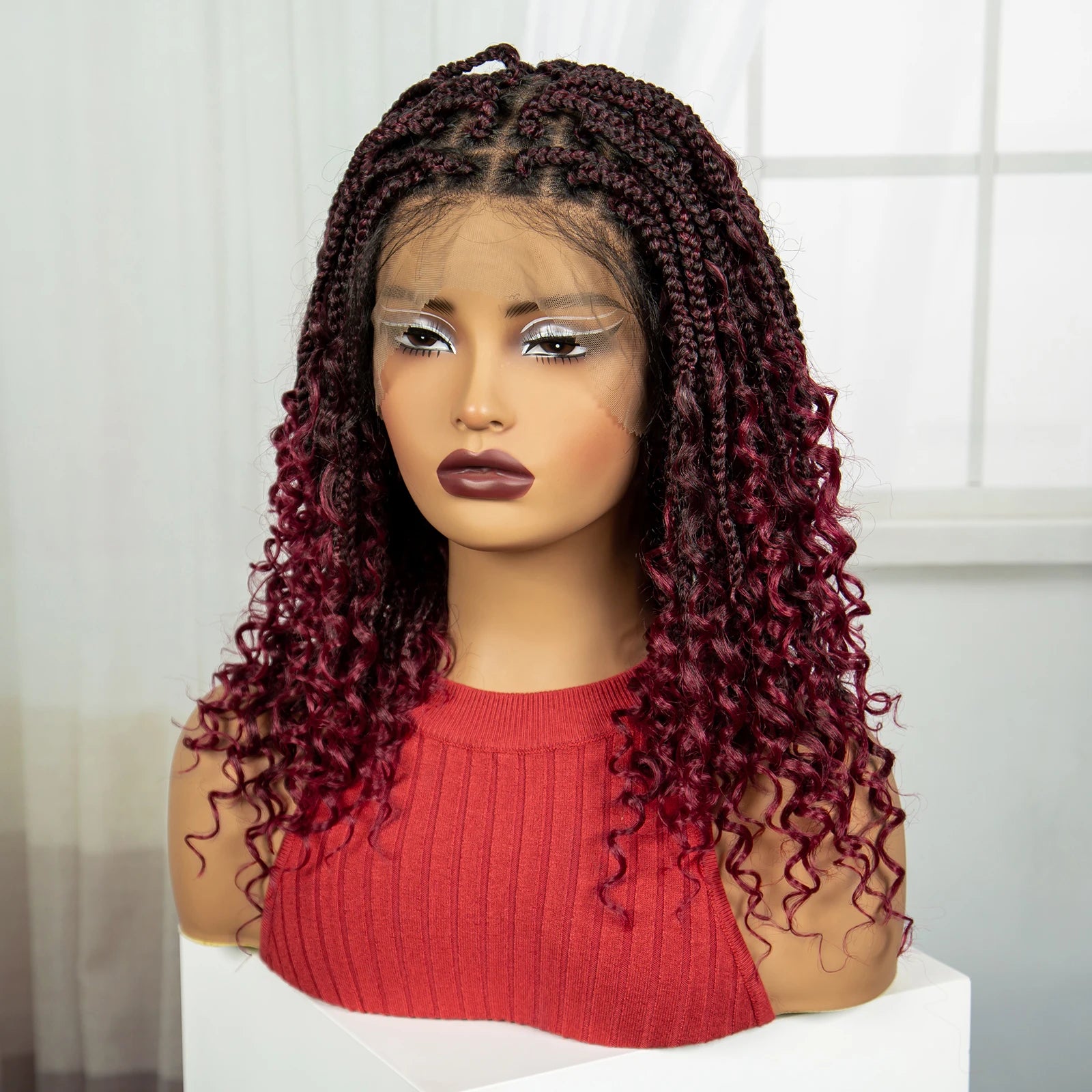 Burgundy Curly Ends Knotless Braids Bob Wig | 99J | Full Lace | Boho Style Luxegan