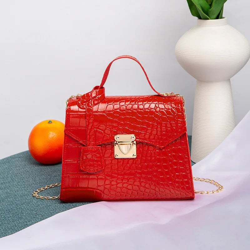 Soft PU Crocodile-Embossed Mini Satchel | Twist Lock Chain Detail Handbag Luxegan