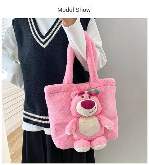 New Cartoon Plush Doll Shoulder Bag | Sweet and Cute Stitch Strawberry Bear Soft Cute Girls Handbag Luxegan
