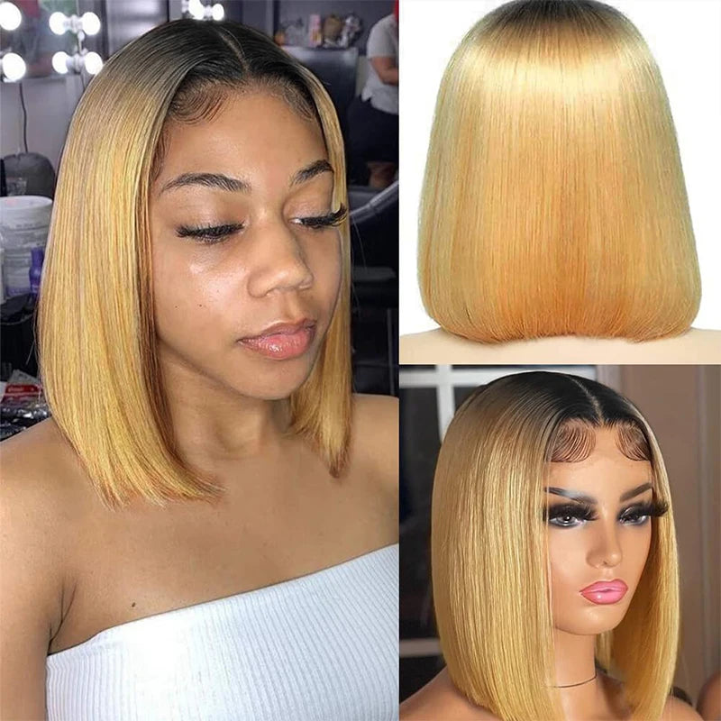 Ombre 1B/27 Straight Bob Lace Front Human Hair Wig | 13x4 Transparent Lace | Pre-Plucked Luxegan