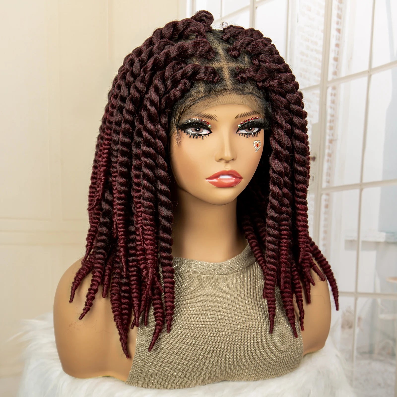 16 Inch Brown Twisted Braided Bob Wig | Full Lace | Kanekalon Fiber | For Black Women - Luxegan