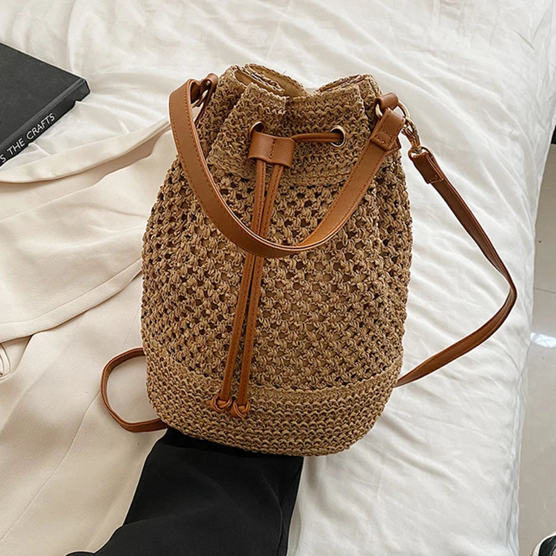 Simple Straw Bucket Bag for Women | Woven Handmade Shoulder Bag & Drawstring Crossbody Bag (Rattan Beach Bag for Girls & Travel Purse) Luxegan