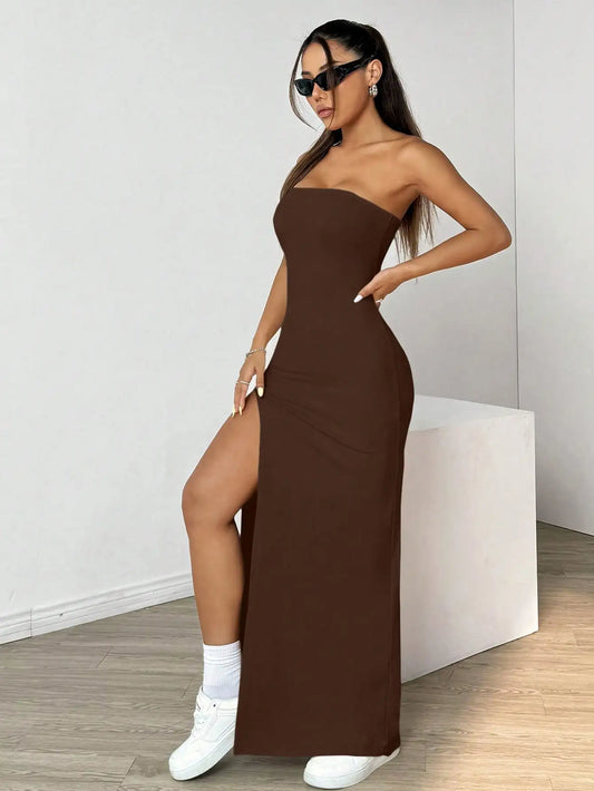 Elegant Ladies Solid Strapless Camisole Long Dress | Slim-Fit Slit Ankle-Length Chest-Wrapping Gown | Simple All-Season Basic Polyester A-Line Dress Luxegan