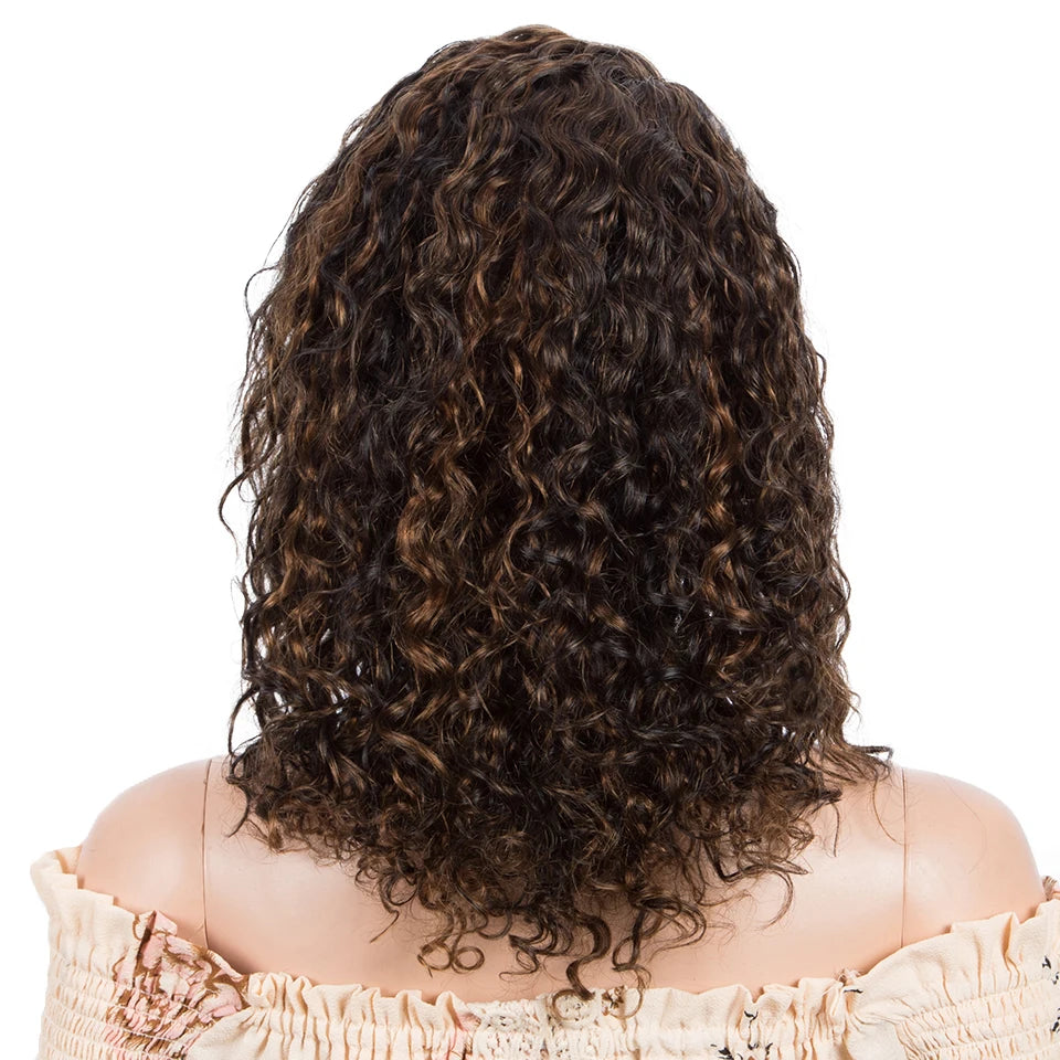 Sleek Curly Human Hair Wig | Brown Highlights | 13x1 T Part Lace Wig | Brazilian Remy Hair | Water Wave