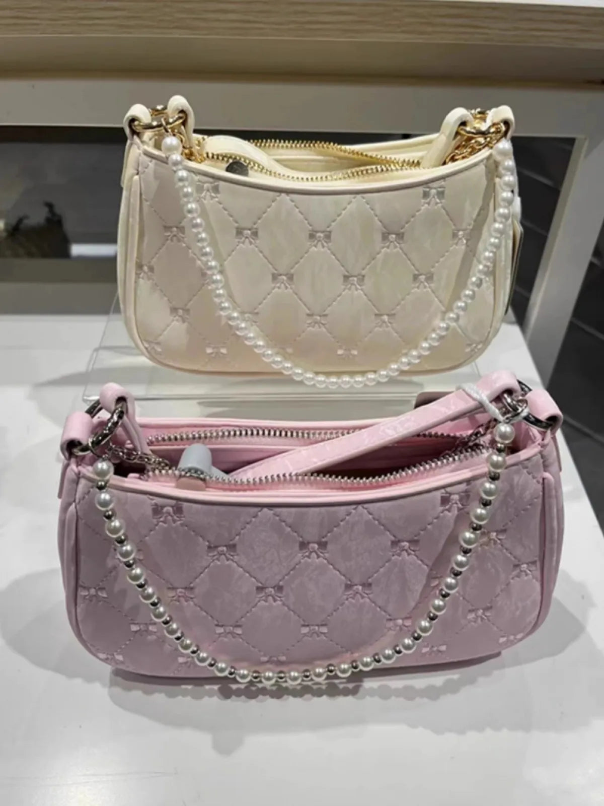 Women's Shoulder Bag | Elegant Cute Bow Pearl Chains & Embroidery Handbag (Casual Leather Korean Fashion Female Handbag) Luxegan