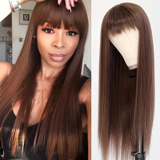 Burgundy Red & Black Bone Straight Wig with Bangs | Full Machine Made Human Hair (18-24") Luxegan