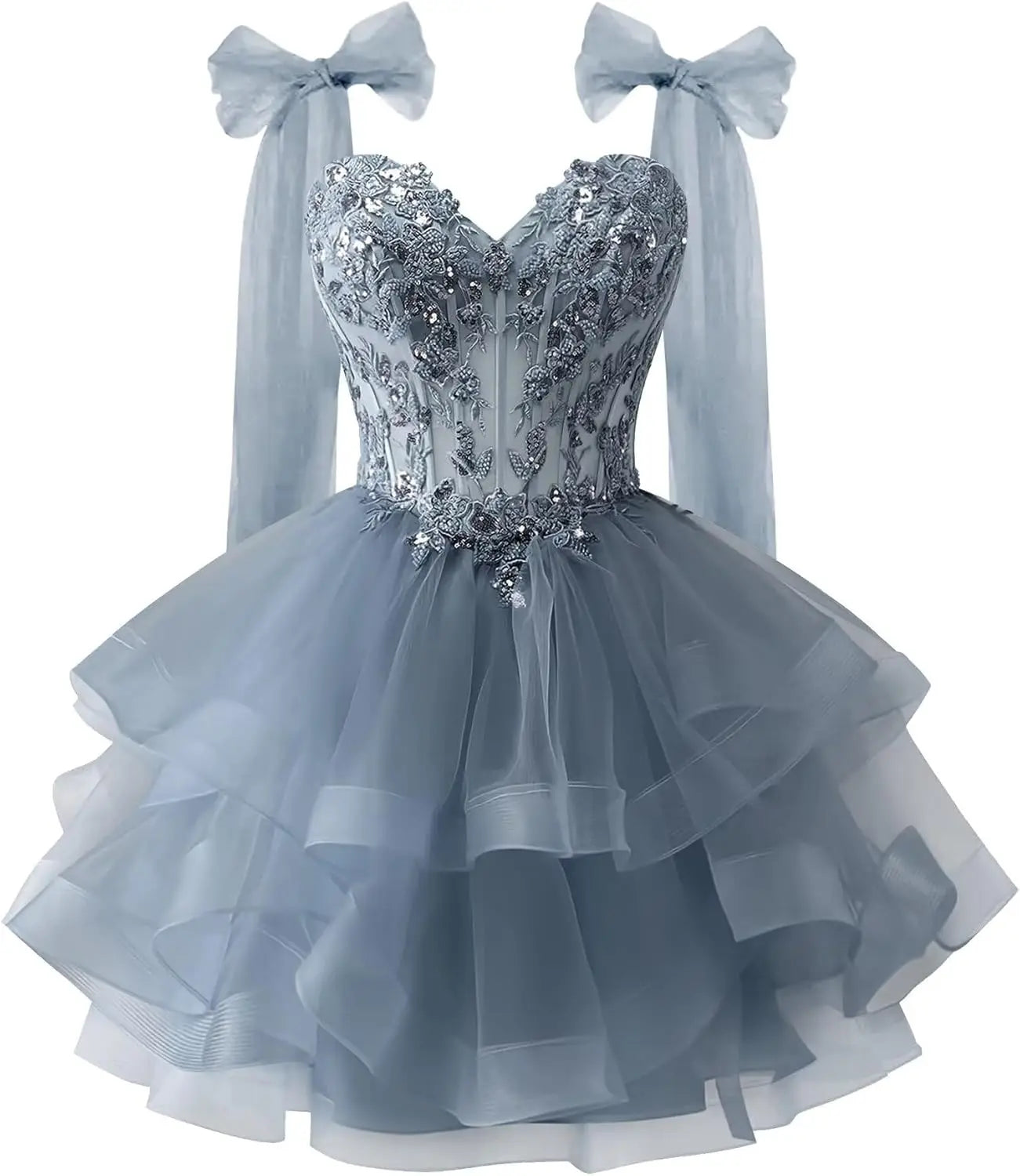 Tiered Tulle Homecoming Dresses Sparkly Lace Applique Bow Straps Short Prom Dress for Teens Cocktail Dress Graduation Dress