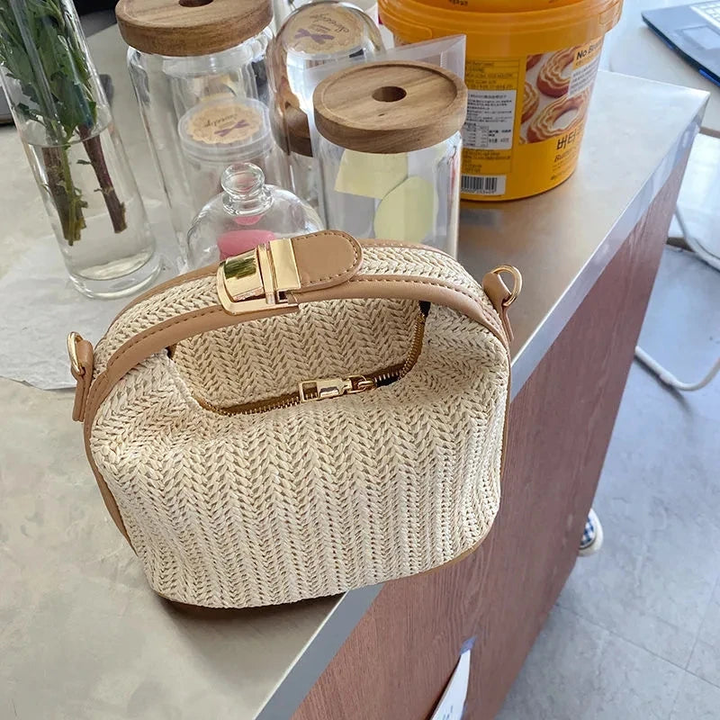 Bohemian Small Knitting Straw Bucket Bag | Casual Summer Crossbody Luxegan