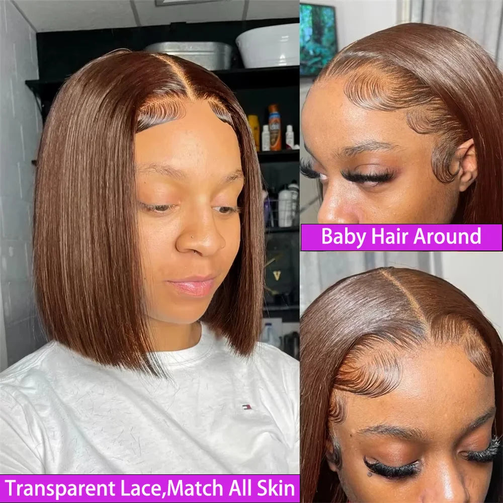 Vietnamese Straight Double Drawn Bob Wig | Sophisticated Chocolate Brown 100% Human Hair | Elegant "13x4 Full Lace Frontal" Silhouette | "Dignified" Transparent Swiss Lace for Radiant Versatile Styling Luxegan