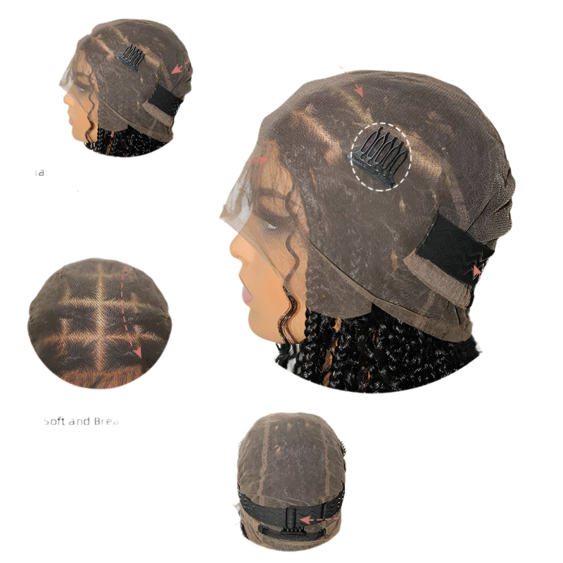 2" Boho Knotless Braided Bob Wig | 360 Full Lace Curly Ends | Goddess Box Braids | Pre-Plucked Baby Hair