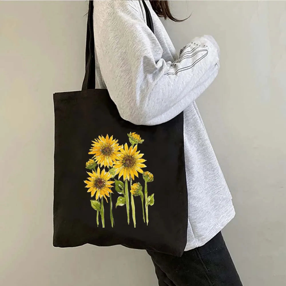 Succulove Floral Cotton Tote Bag | Large Capacity Handbag with Tulips, Hydrangeas, Sunflowers & More (Casual Shoulder Shopper, Eco-Friendly) Luxegan